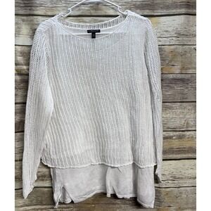 EILEEN FISHER White Linen Knit Mesh Overlay Tiered Layered Sweater Women's 1XL